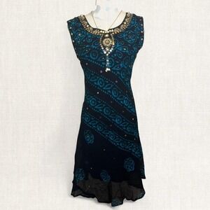 Vintage Y2K boho beaded sequin midi dress black turquoise chiffon festival
